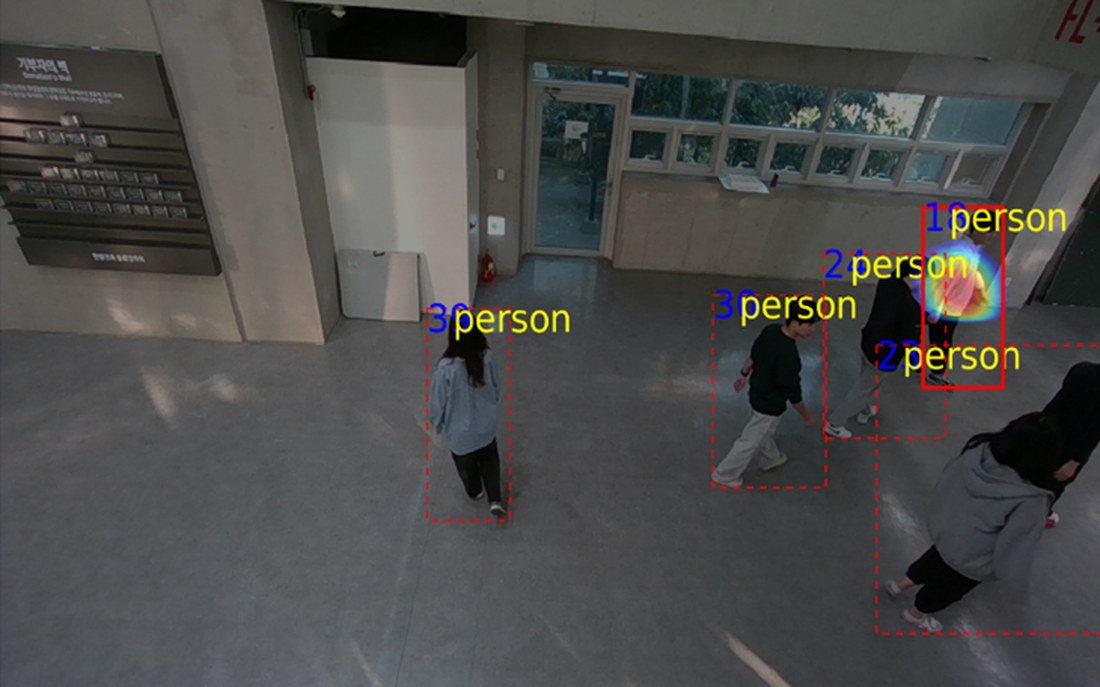 Four people tracked in dashed boxes; the radiation maximum sits inside one person’s box, which is drawn solid.